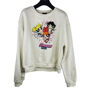 POWERPUFF GIRLS Women’s White Crew Neck Sweatshirt with Cute Graphics Size L